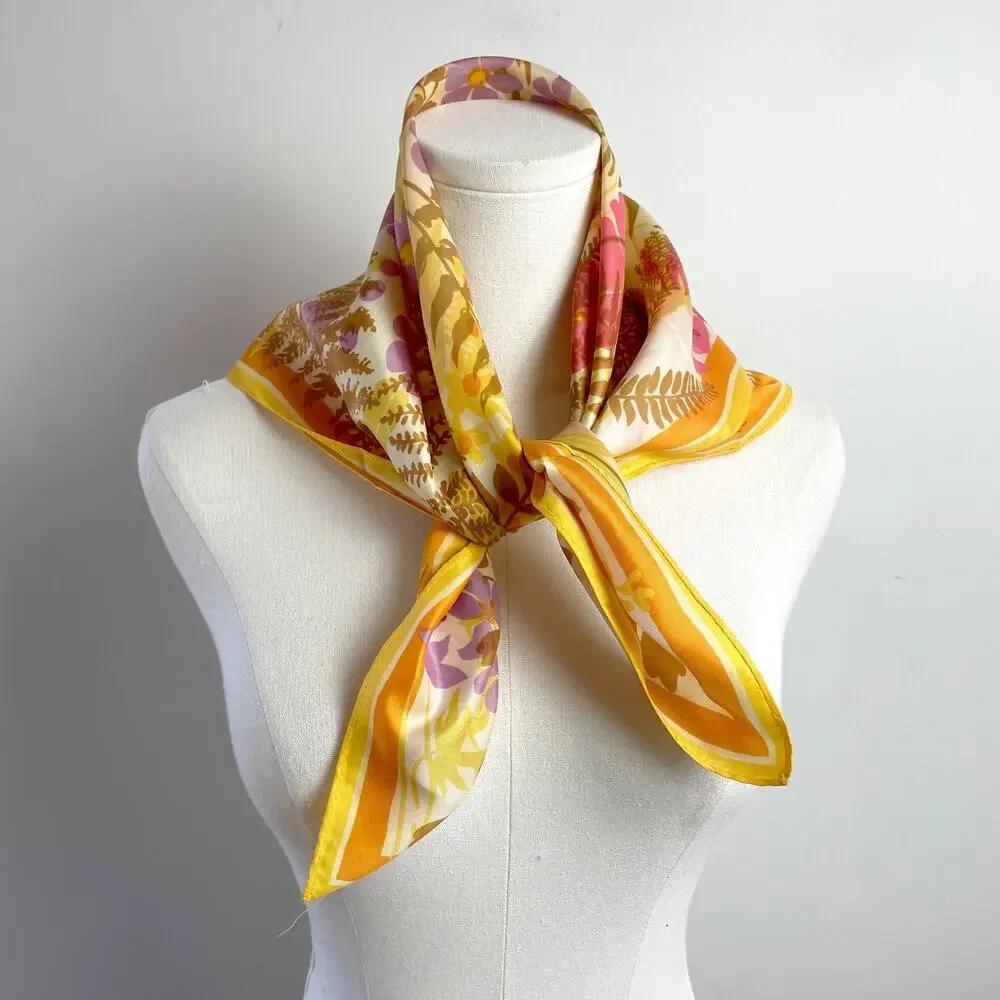 Vintage 60s 70s Vera Square Scarf Ladybug Floral Yellow Colorful Ferns